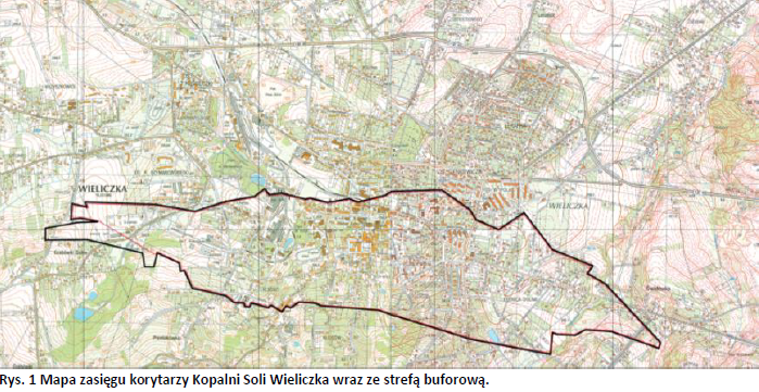 Rys. 1 Mapa zasięgu korytarzy Kopalni Soli Wieliczka wraz ze strefą buforową