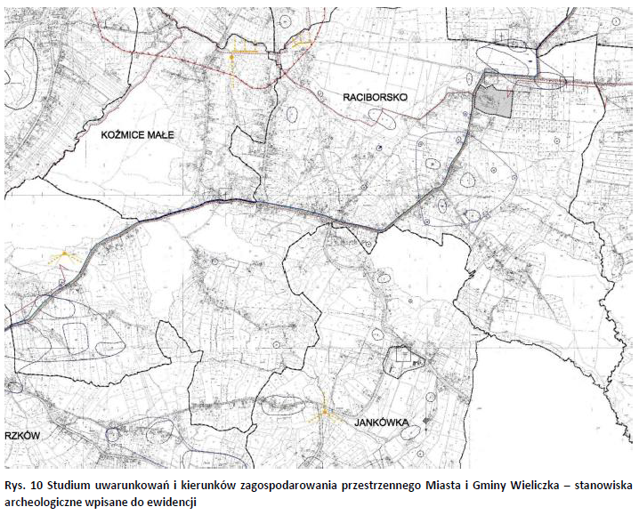 Rys. 10 Studium uwarunkowań i kierunków zagospodarowania przestrzennego Miasta i Gminy Wieliczka – stanowiska archeologiczne wpisane do ewidencji