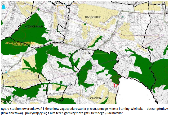 Rys. 9 Studium uwarunkowań i kierunków zagospodarowania przestrzennego Miasta i Gminy Wieliczka – obszar górniczy i teren górniczy złoża gazu ziemnego Raciborsko